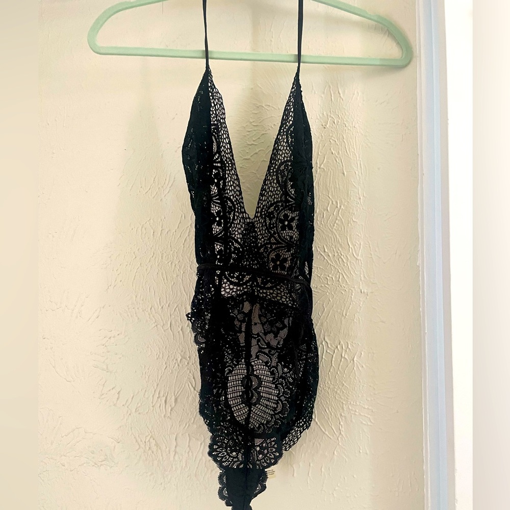 InBloom black lace halter top one piece thong.